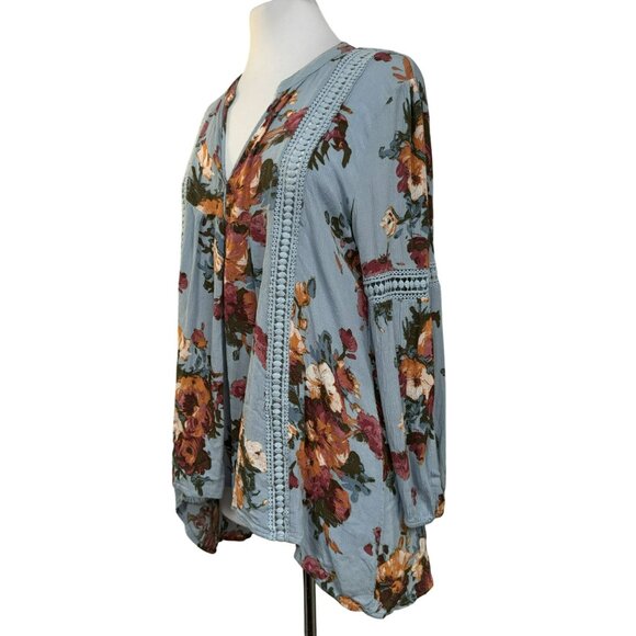 blu pepper Womens L Floral BoHo Peasant Tunic Top Crochet Detail Long Sleeve - Picture 5 of 8